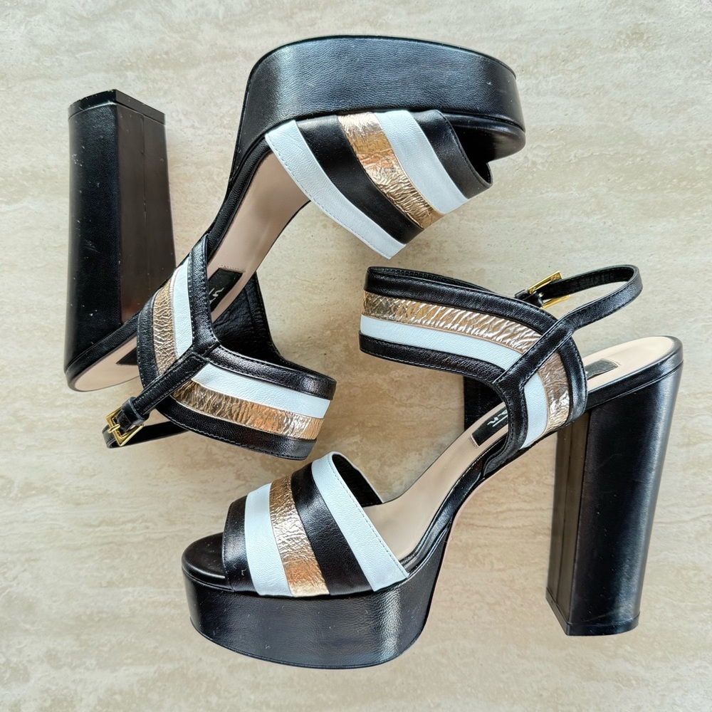 Sebastian Womens Black White and Gold Ankle Strap Platform Sandals Size EU 37.5 - Picture 4 of 12